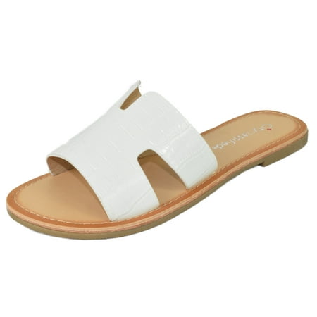 City Classified Shoes Women Flip Flops Basic Plain Sandals Cut Out Strap Casual Slide Slippers Beach SALVIA-S Crocodile White 6