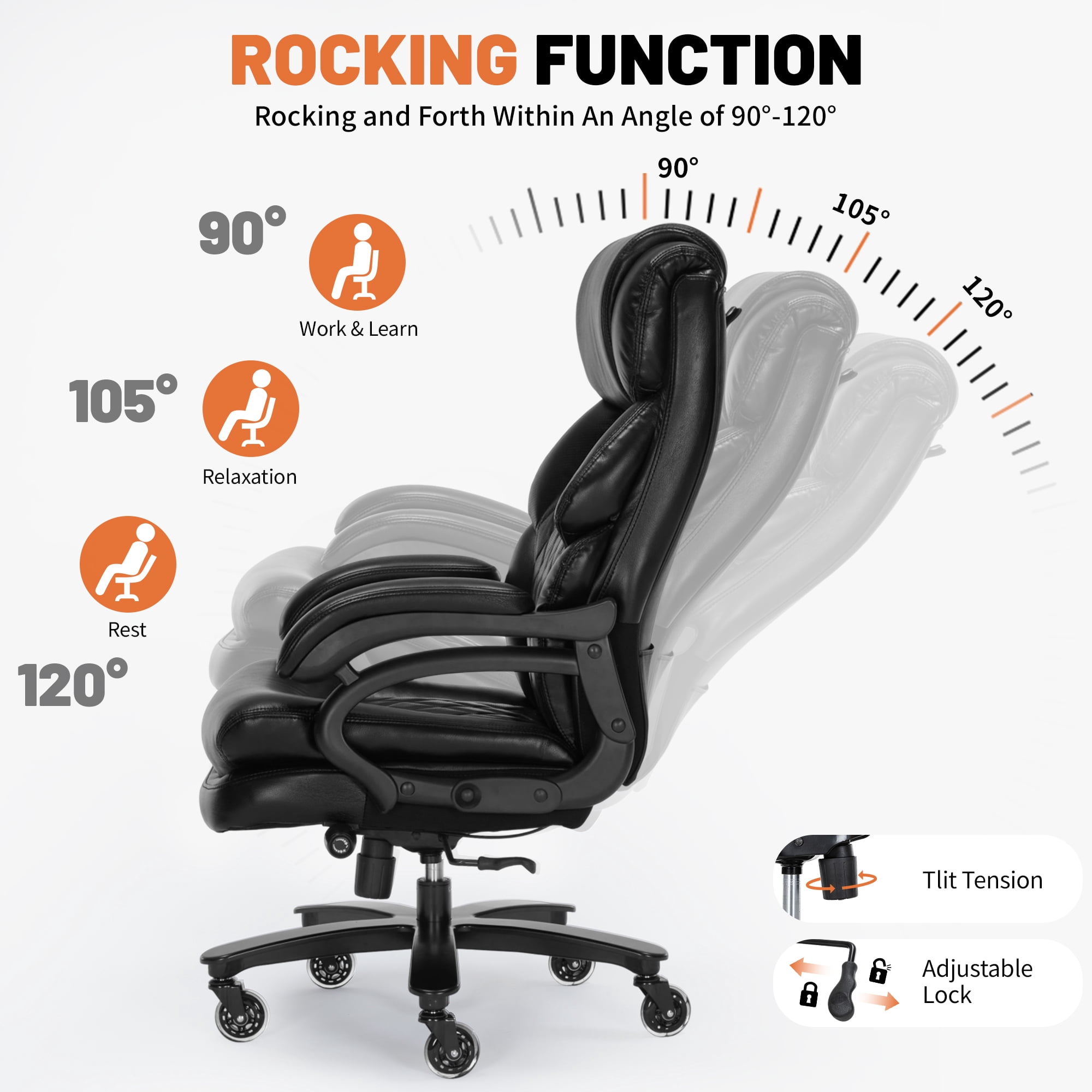 Qusaphy 800LBS Big and Tall Executive Office Chair, PU Leather Ergonomic Desk Chair with Adjustable Backrest and Thick Padded Cushion, Heavy Duty Chair for Home or Office Black