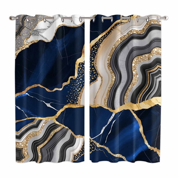 Blue Marble Kitchen Curtains 84 Inch Length, Grey Gold Texture Vintage Farmhouse Art Grommet Top Bedroom Living Room Curtains, Light Filtering Cafe Curtain Drapes 2 Panels Set 104''x84''