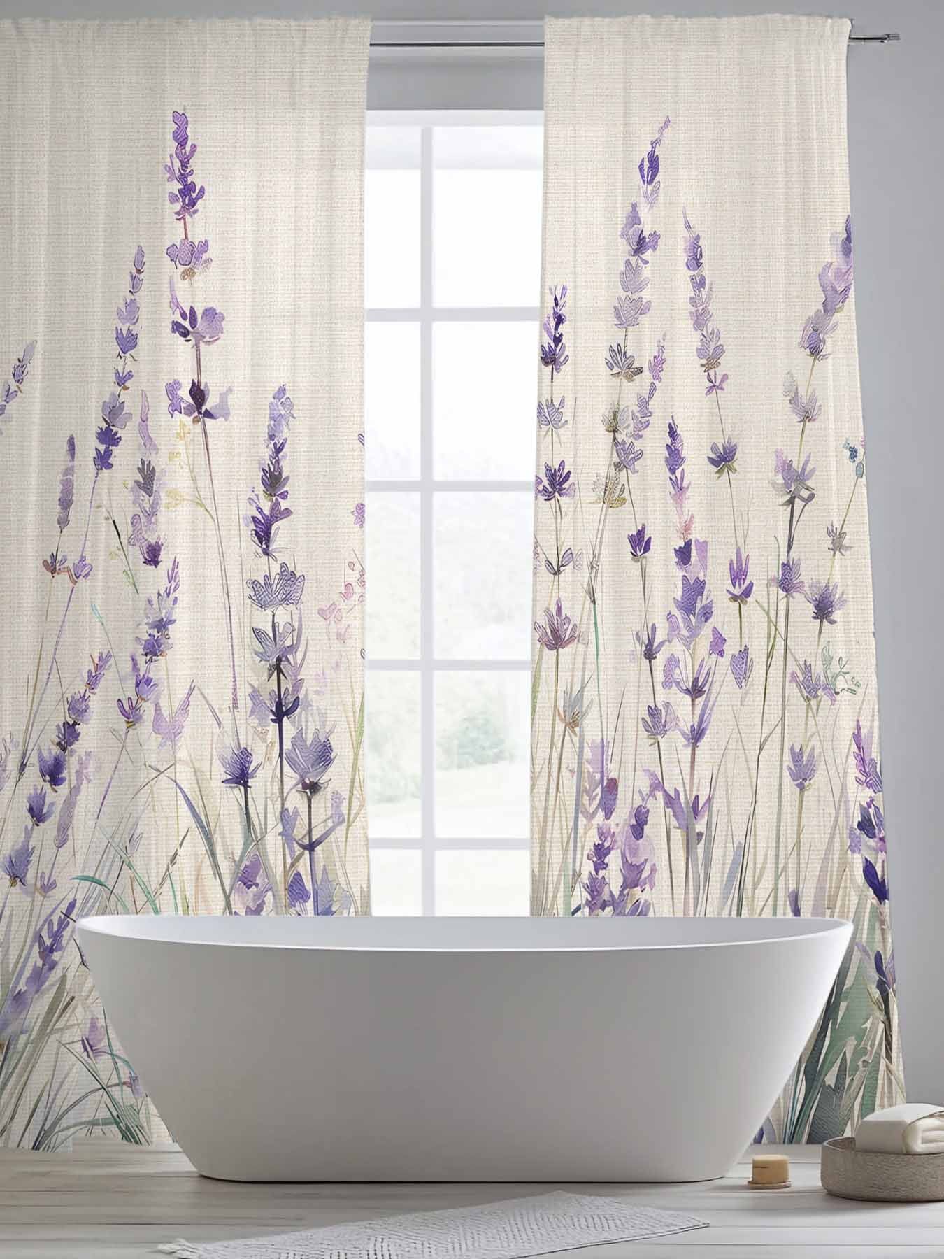 Spring Flower Sheer Curtains for Living Room Bedroom, Vintage Purple Lavender Linen Texture Light Filtering Sheer Curtain Rod Pocket Voile Window Treaments Drapes, 52 x 108 Inches