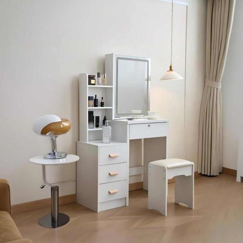 3 in 1 Vanity Desk with Mirror And Lights, Small Vanity Desk Set with Visible Glass Tabletop, 3 Drawers, Storage Bench, 3 Color Lighting Mirror, Suitable for Bedroom Small Vanity Desk