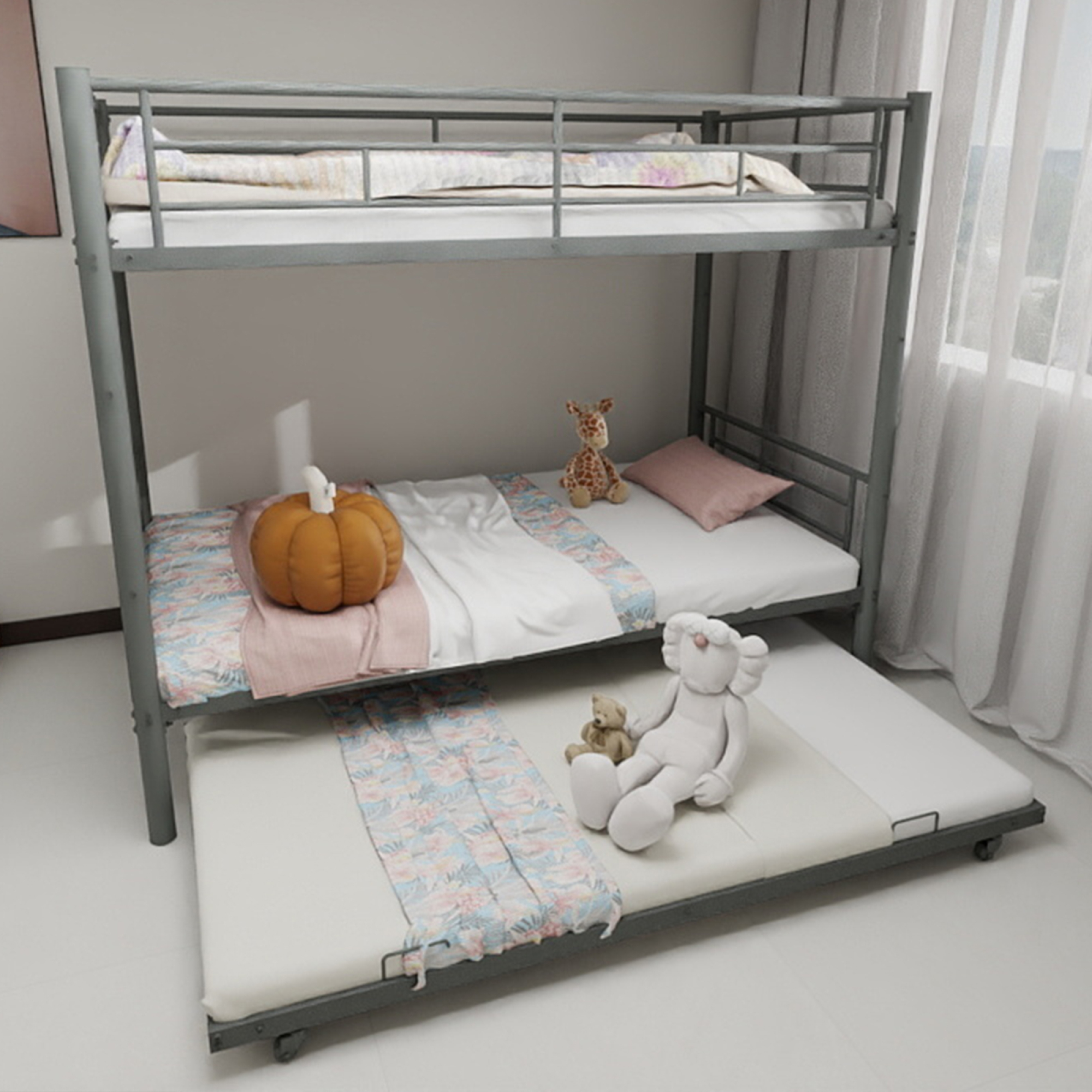 Twin over Twin Bunk Bed with Trundle,Heavy Duty Metal Bed Frame with Sturdy Guardrail for Kids/Adults,Noise Reduced,Silver