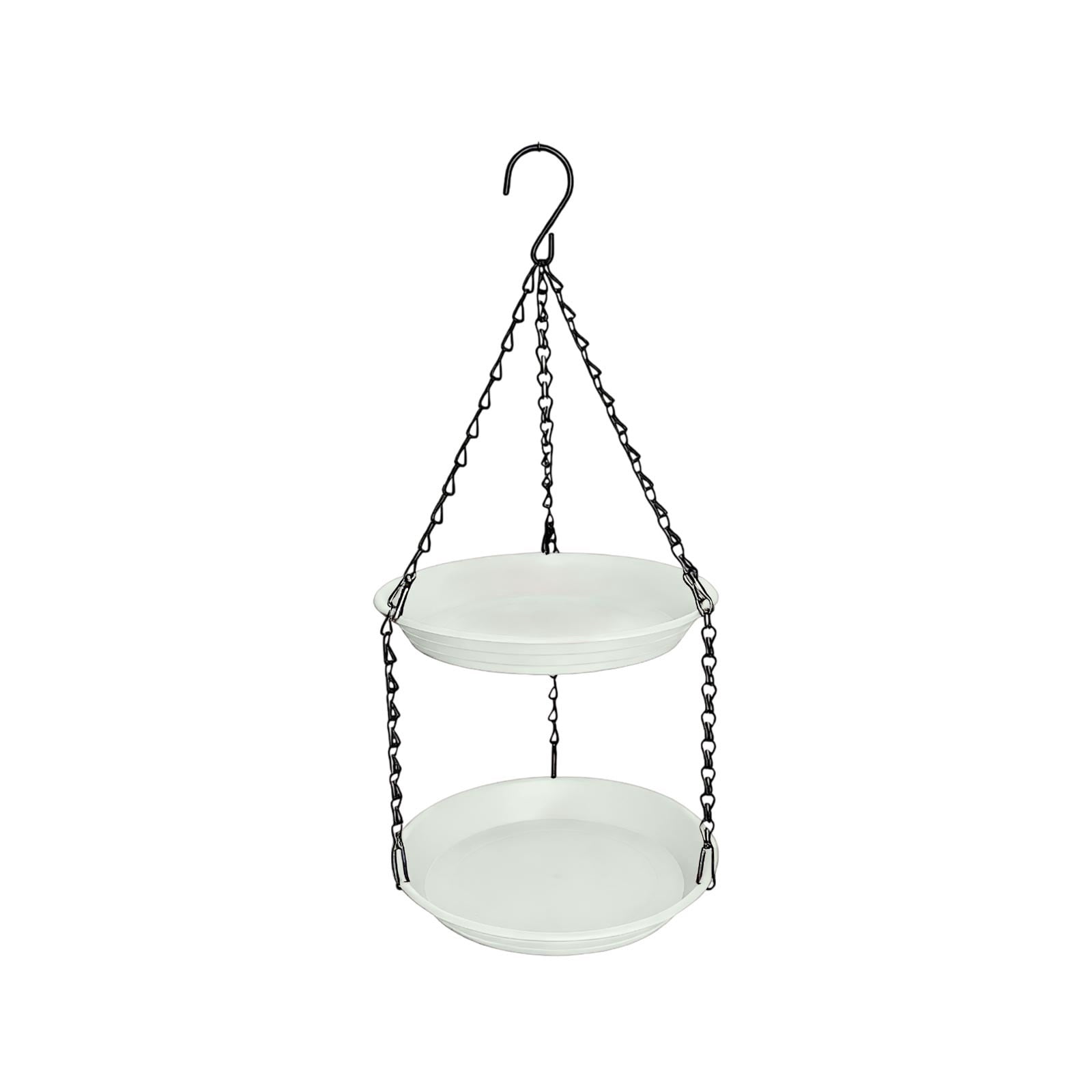 Double Layer Hanging Bird Feeder 2-in-1 Outdoor Tray for Water and Wild Bird Seed, Compact White Plastic Feeding Dish with Chain, Easy to Clean for Garden Patio