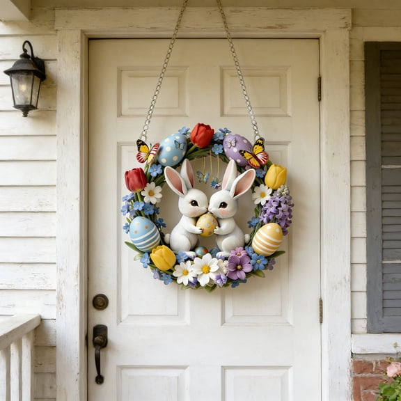 Kadlawus Easter Bunny Wreath with Eggs and Flowers, 20cm Spring Door Wreath, Rabbit Wreath for Front Door, Wall Hanging Easter Decor, Party Decoration for Spring
