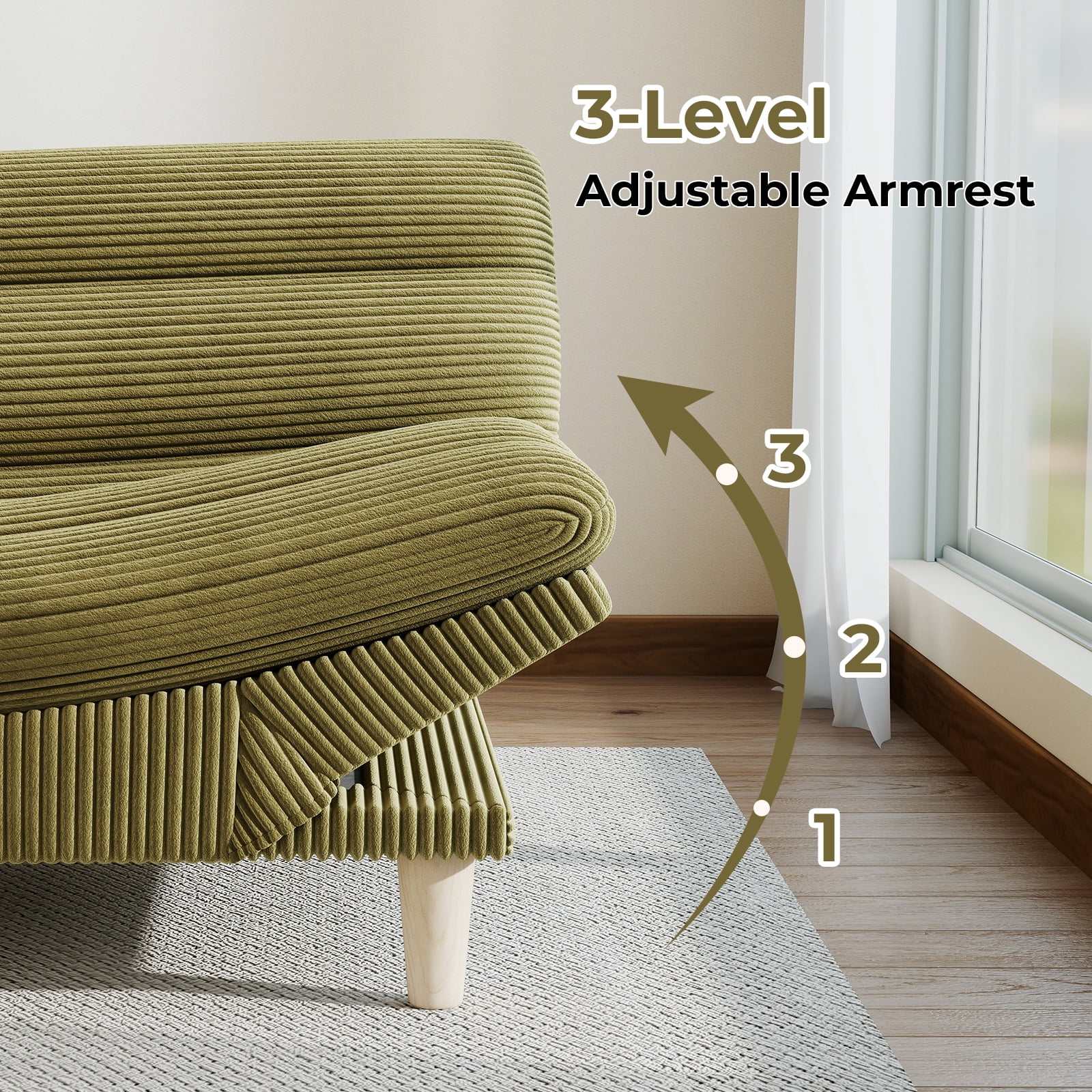 Ebello Convertible Futon Sofa Bed, Fabric with 3-Position Reclining Backrest and Adjustable Armrests for Living Room Apartment Office, Green