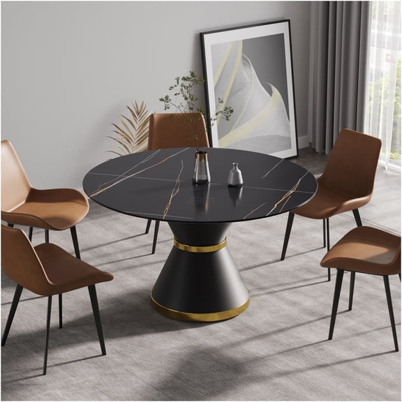 JERFIT 6-Person Round Dining Table with Sintered Stone Top and Carbon Steel Pedestal Base, Modern Kitchen Table for Dining Room