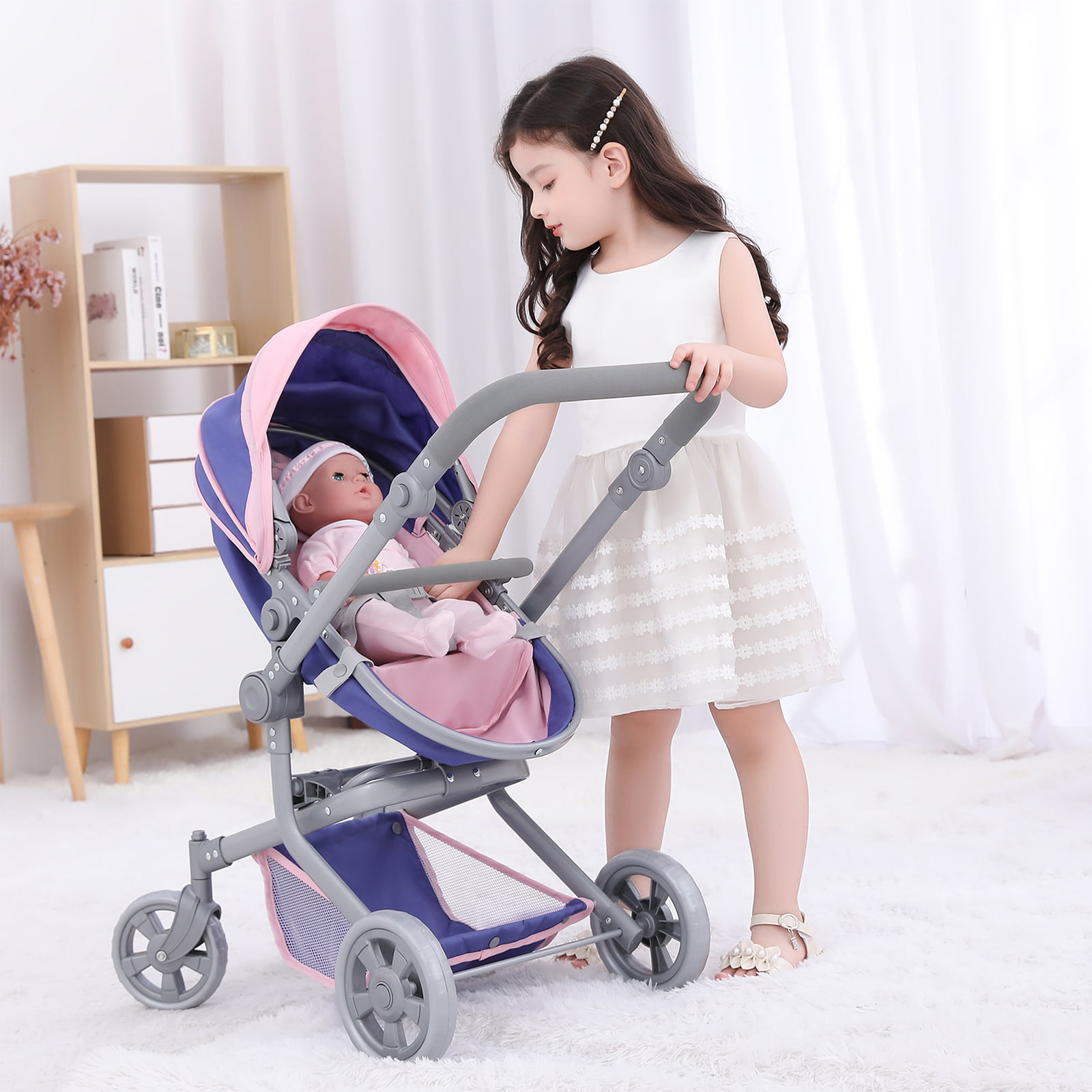 Set Of Dolls Buggy Stroller Pram  with 14" Crying Baby Doll Girls Toy 