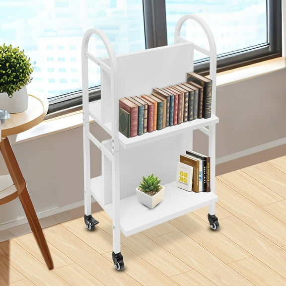 2-Tier Rolling Library Book Storage Cart, Book Truck with Handle & 4 Wheels, Mobile Book Cart for Office, Home, and School