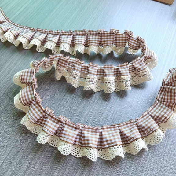 ERDOUY 10 Yards Gingham Pleated Lace Trim, 1.38" Buffalo Plaid Checkered Woven Ribbon, Ruffle Organza Mesh Fabric Edging for Sewing Dress & Craft Embellishments, Coffee Color