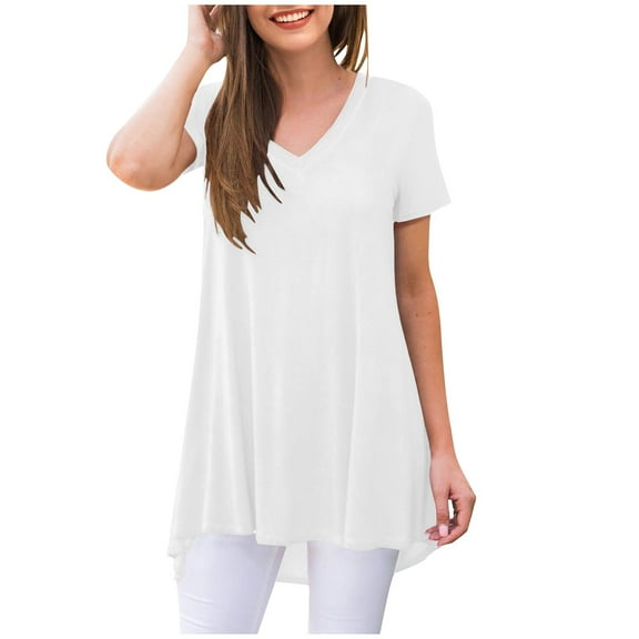 OSOLU Solid Color Women Casual Short Sleeve V-Neck T-Shirt Tshirts Tee Tops Relaxed Fit Dailywear