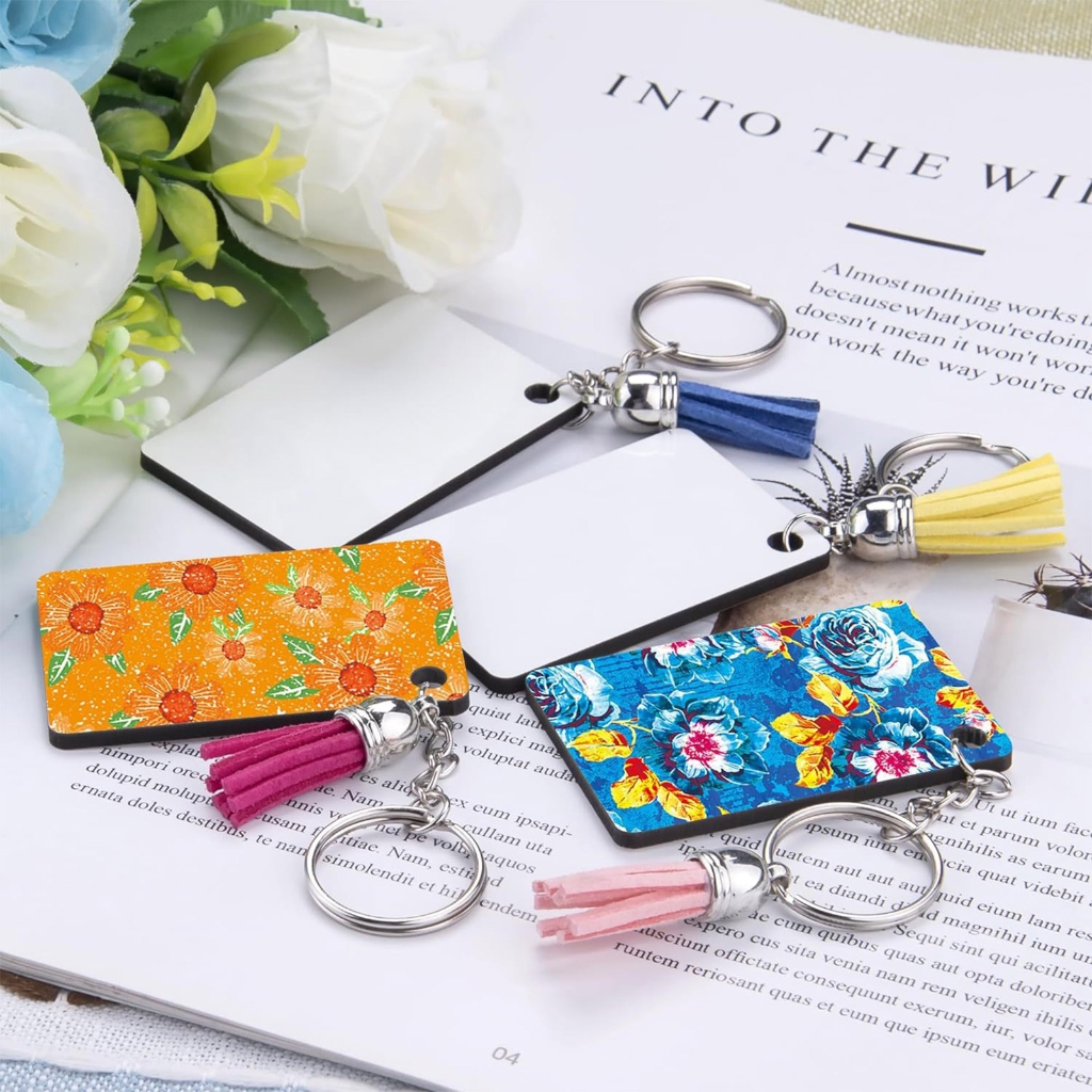 Oasiva Pack of 40 Double Sided Heat Transfer Keyring MDF Heat Pressed Keychains Sublimation Key Rings Blanks Set DIY Ornament