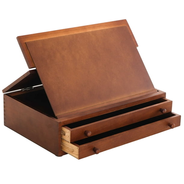 US Art Supply Walnut 2-Drawer Adjustable Wooden Storage Box with Fold