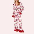 thumbnail image 2 of Tnhcen Valentine's Day Women's Cozy Comfortable Pajama Set with Fluffy Trim Pink Bow Print Long Sleeve Collar Design in Satin Fabric Sleepwear for Women Plus Size S-2XL, 2 of 7