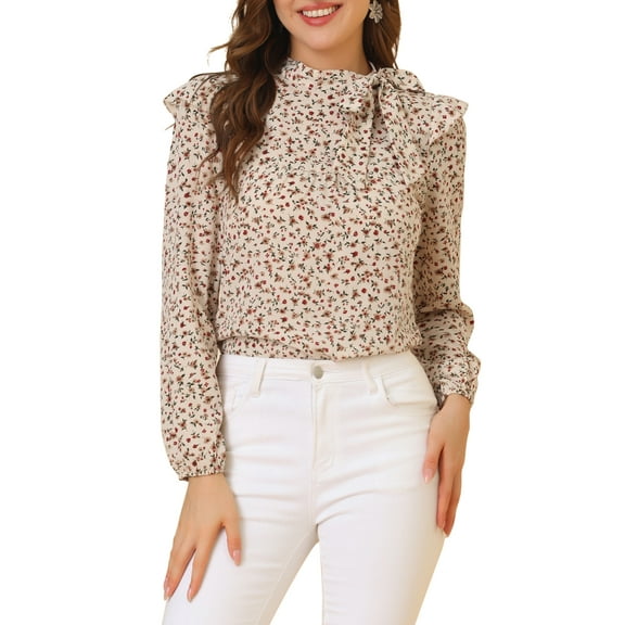 Allegra K Women's Side Bow Tie Neck Long Sleeve Floral Ruffled Blouse