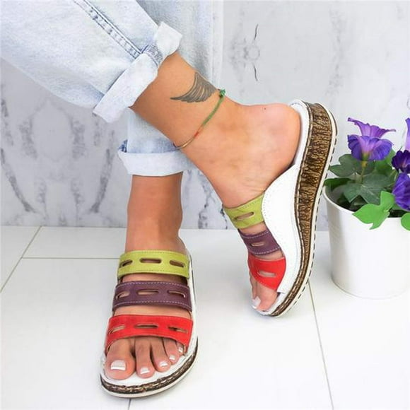 Sandales à Coutures Trois Couleurs Été Plage Chaussures de Voyage Sandales d'Été Décontractées pour les Femmes Blanc