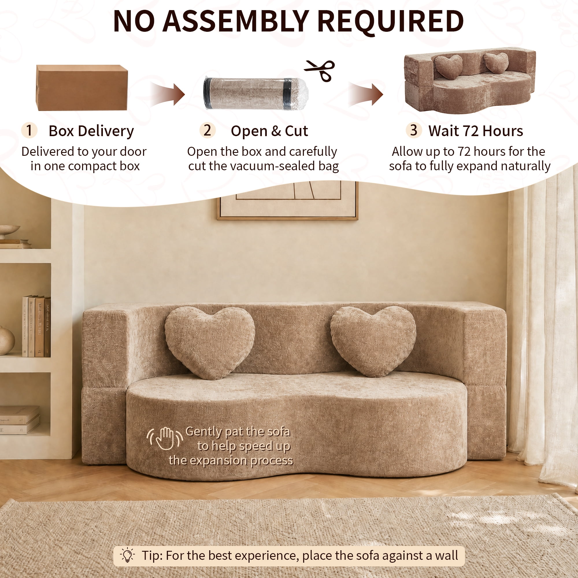 78.74"W Heart-Shaped Convertible Sofa,Floor Couch,Sleeper Sofa Bed,No Assembly High-Density Sponge Loveseat with 2 Heart Pillows for Living Room, Apartment,Warm Taupe