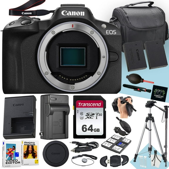 Canon EOS R50 Mirrorless Camera (Body Only)   64 GB Memory   Tripod   Monopod   Extra Battery   More (19pc Bundle)