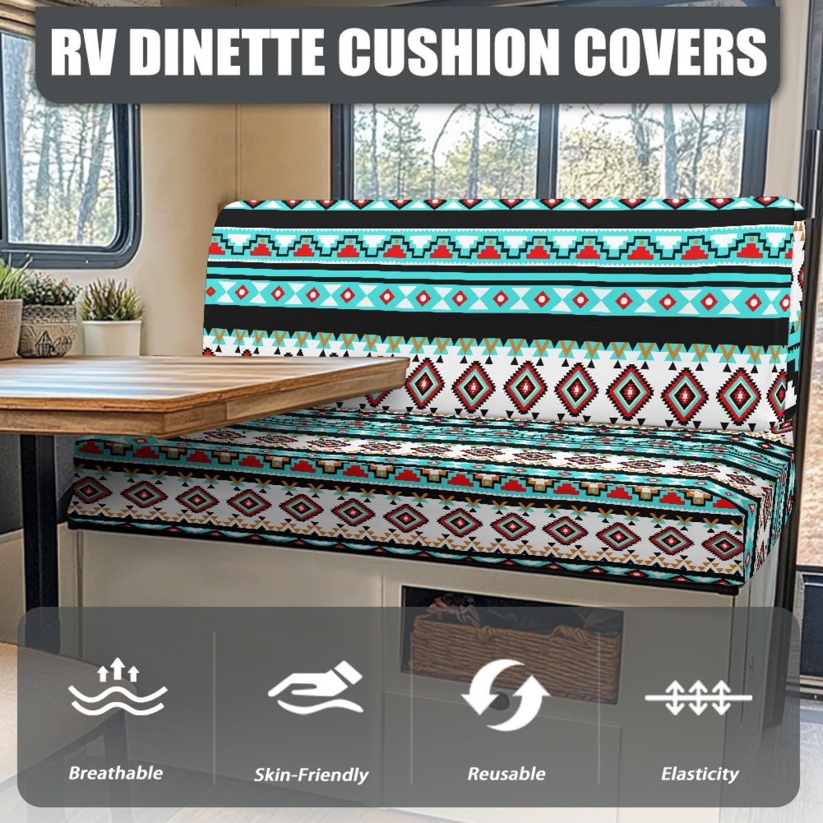 Kuiaobaty American Tribal Pattern Washable RV Dinette Cushions Covers with 1 Backrest Cover & 1 Bench Cove Universal Fit RV Camper Car Bench Sofa Slipcovers Accessories