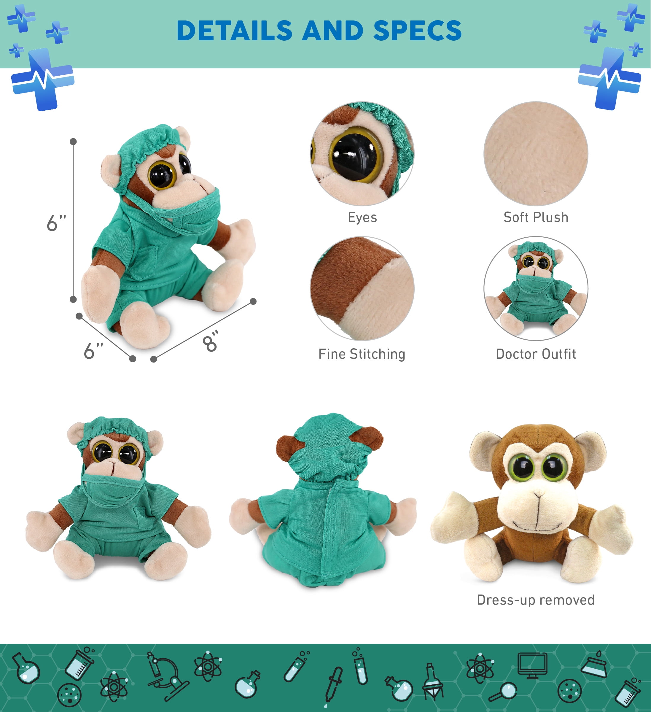 DolliBu Monkey Big Eye 6-inch Doctor Plush Toy - Super Soft Monkey Doctor Stuffed Animal Dress Up with Cute Scrub Uniform and Cap Outfit - Fluffy Doctor Toy Plush Gift - 6 Inches