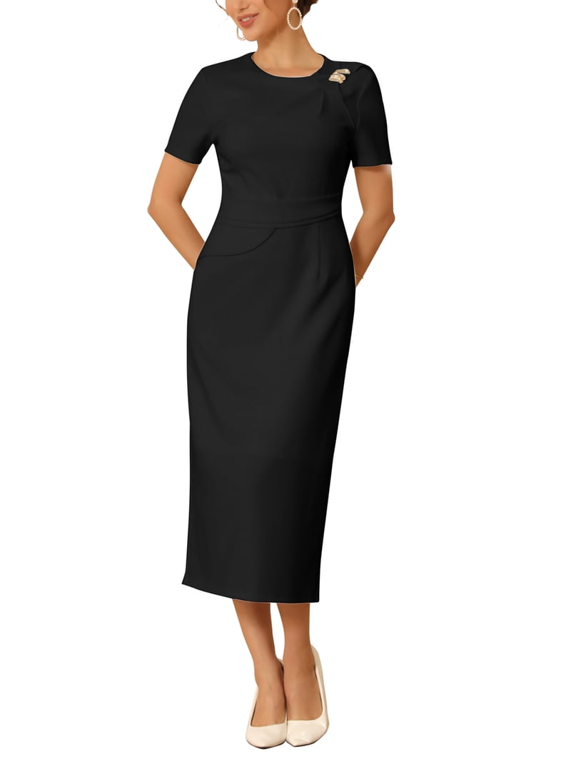 ladies formal dress for work Inspire Chic Women's Formal Dress Crewneck Short Sleeve Pleated Waist Dressy Work Sheath Dresses L Black, Size: Large, White