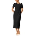 thumbnail image 2 of INSPIRE CHIC Women's Formal Dress Crewneck Short Sleeve Pleated Waist Dressy Work Sheath Dresses L Black, 2 of 5