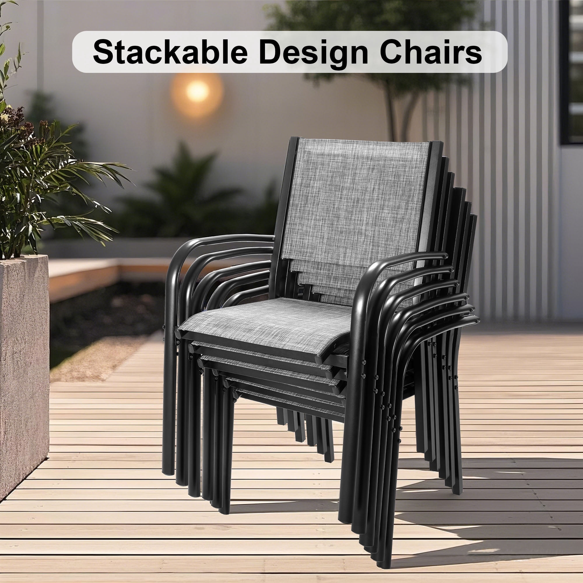 Seizeen 7 Pieces Patio Dining Set, Outdoor Patio Furniture Set, Plastic-wood Table Top with Steel Frame, Dining Set w/Gray Textilene Chairs for Backyard, Garden and Poolside
