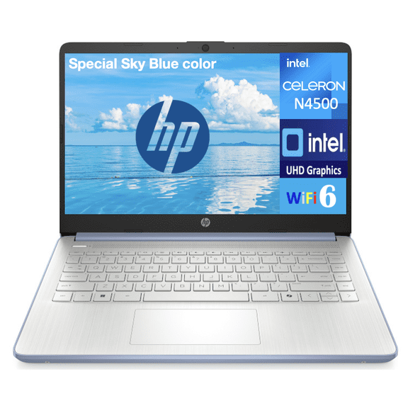 HP 14 Laptop, Sky Blue Color, 14.0" HD (1366x768) 60Hz Display (Intel Celeron N4500, 16GB DDR4, 256GB PCIe SSD, Intel UHD Integrated Graphics, WiFi 6, Webcam, Bluetooth 5.4, Win 11 Pro)