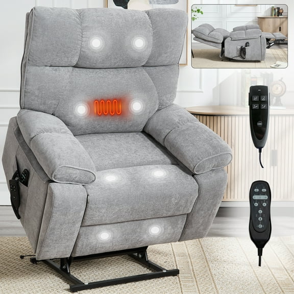 Grey Heat Massage Dual Motor Infinite Position Up to 350 LBS Large Electric Power Lift Recliners