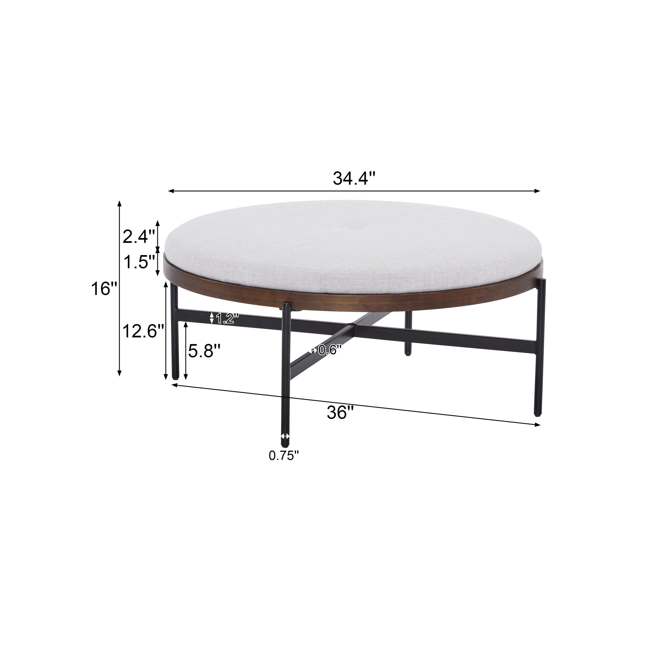 36'' Modern Round Cocktail Ottoman with Fabric Upholstery and Metal Base, Beige+Black