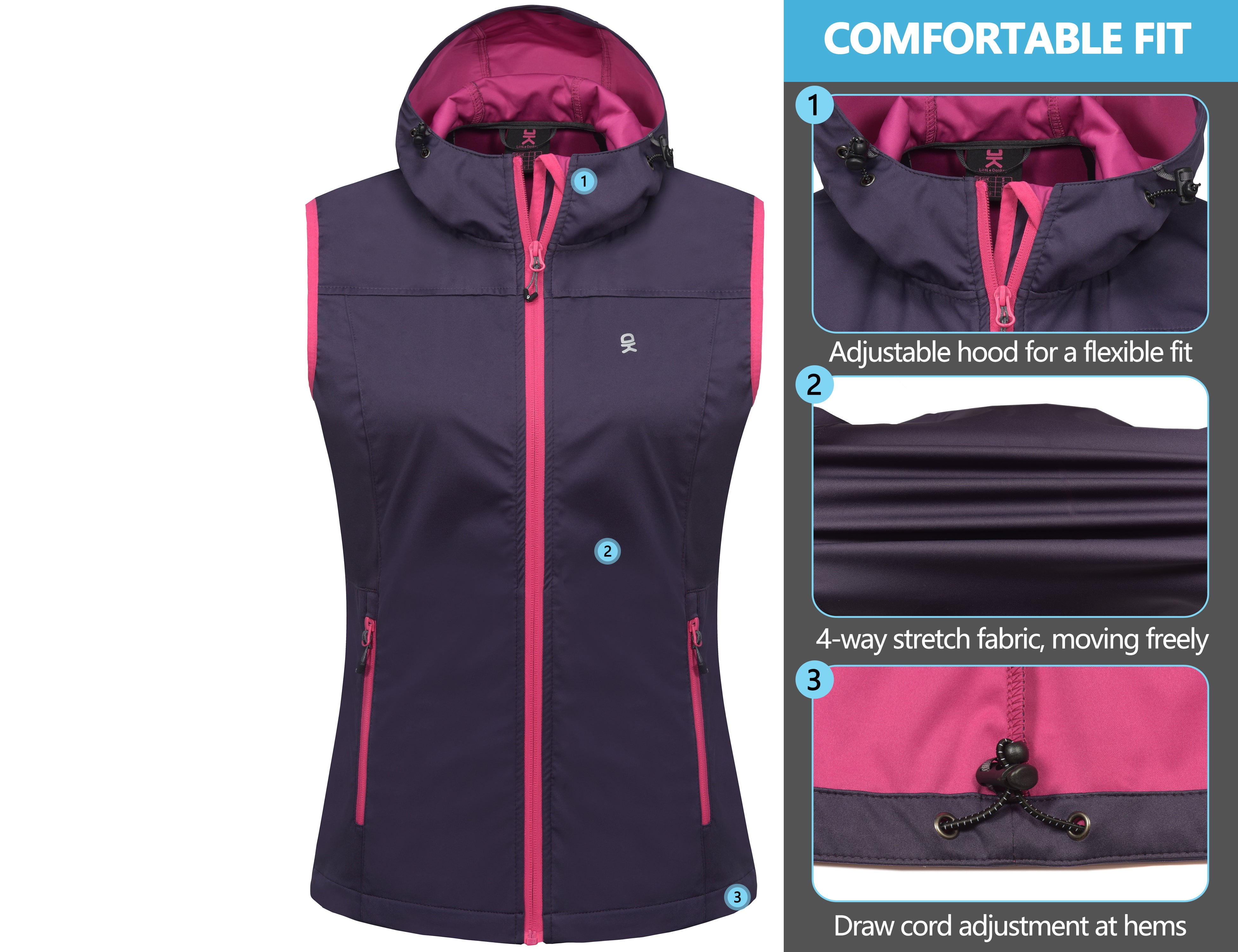 Little Donkey Andy Women's Lightweight Softshell Vest, Hooded Windproof Sleeveless Jacket for Golf Travel Hiking Running Purple XS