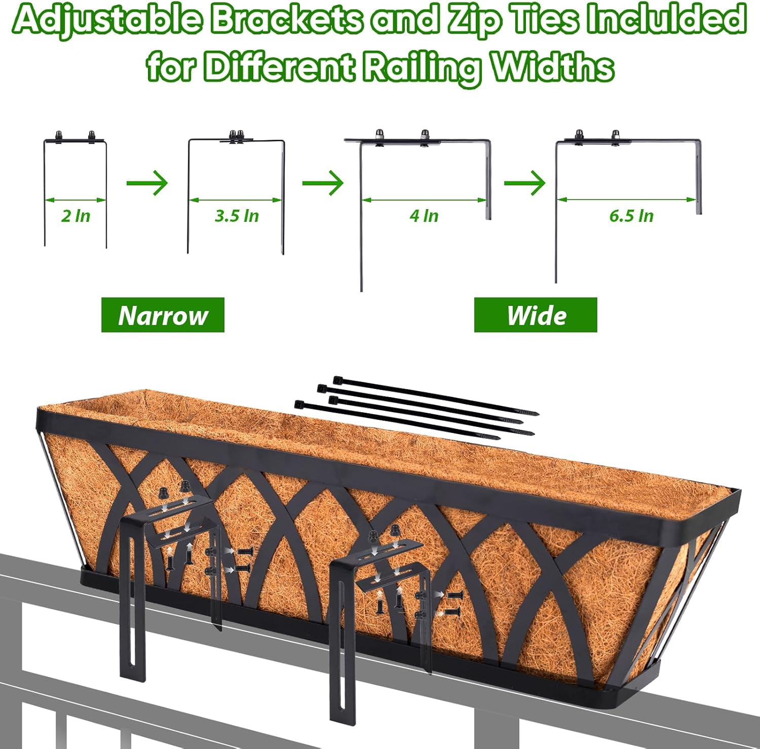 4 Pack 24 Inch Deck Balcony Railing Planter Window Boxes with Coconut Coir Liner, Fence Metal Hanging Flower Planter Basket for Outdoor Lawn