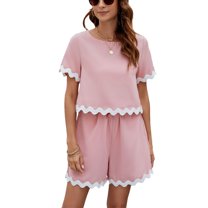 SWSMCLT Women's Summer 2 Piece Casual Suits Cute Scallop 2 Piece Outfit Short Sleeve Short Home Slash Pocket Pink X-Large
