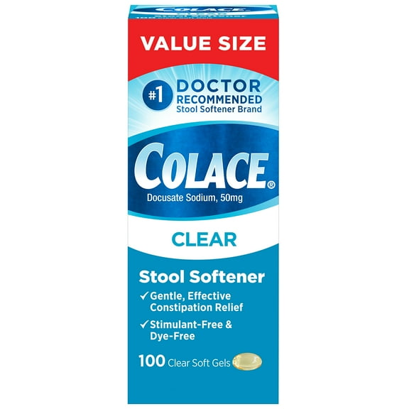 Colace Clear Stool Softener for Gentle Effective Constipation Relief, #1 Doctor Recommended Stool Softener Brand, Dye Free, 50 mg Docusate Capsules, 100 Count