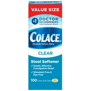 Colace Clear Stool Softener for Gentle Effective Constipation Relief, #1 Doctor Recommended Stool Softener Brand, Dye Free, 50 mg Docusate Capsules, 100 Count