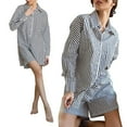 thumbnail image 5 of Biekopu Women's Summer 2PCS Loungewear Set,Stripe Print Long Sleeve Front Button Shirt Tops + Elastic Waist Shorts, 5 of 10