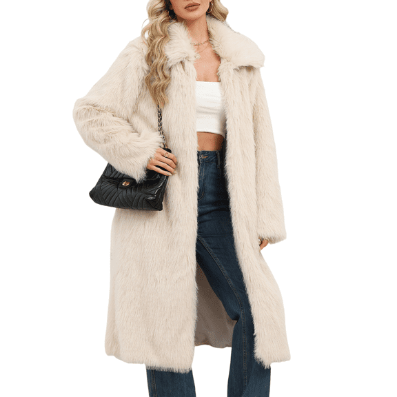 Wutalume Women's Fashion Plush Jacket Casual Solid-color Long-sleeved Cardigan Long Coat, Faux Fur Design, Warm and Elegant, Ideal for Winter Parties and Outings,Beige L