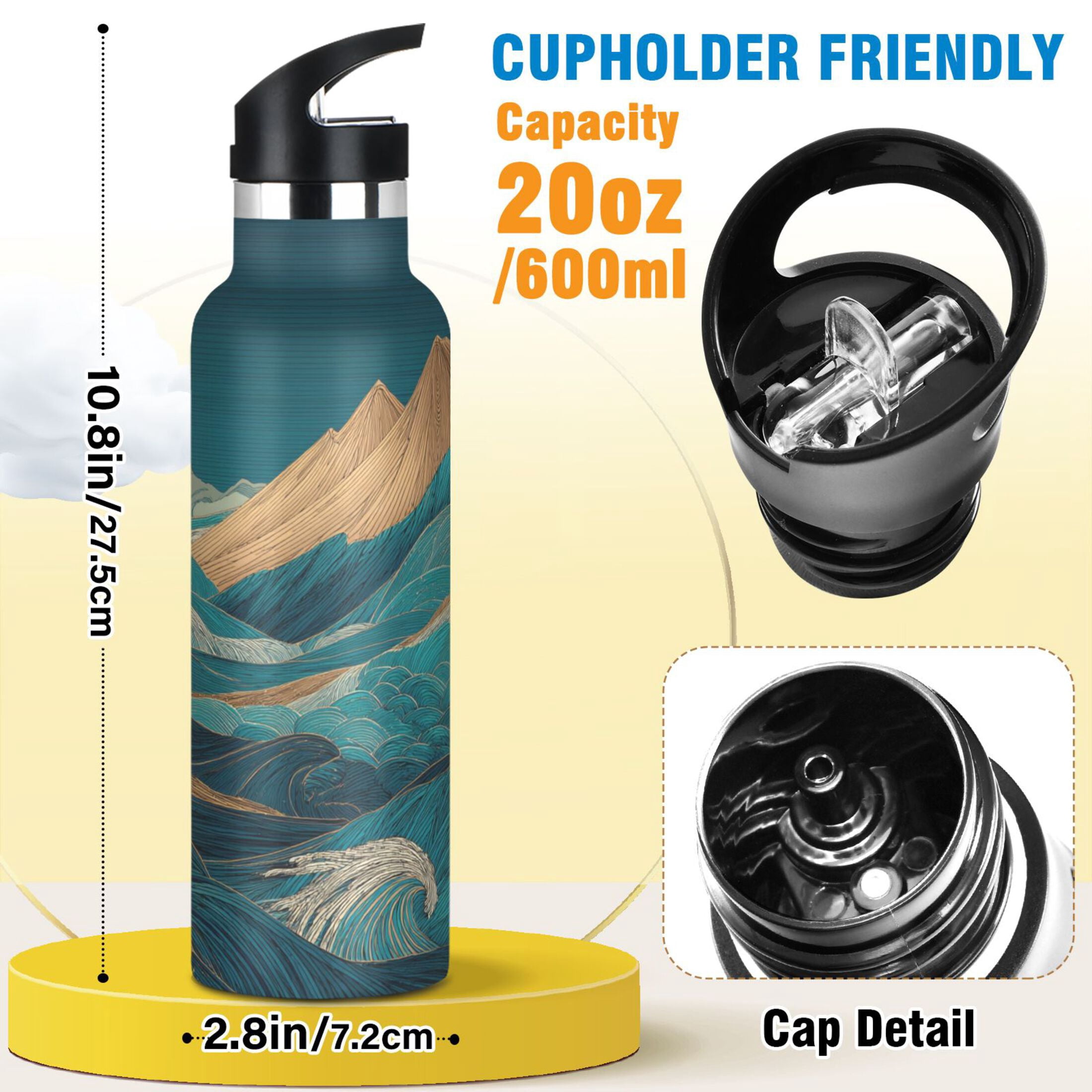 600ML Stainless Steel Insulated Cup Sports Water Bottle Portable Thermos Cup Water Glasses Insulated Tumblers Convenient and Durable Cartoon Green Mountains