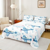 Castle Fairy Kawaii Airplane 4 Pieces Queen Sheet Sets for Boys Children Teens,Starry Sky Ultra Soft Flat Sheet,Pink Blue Queen Fitted Sheet,Breathable Home Decor