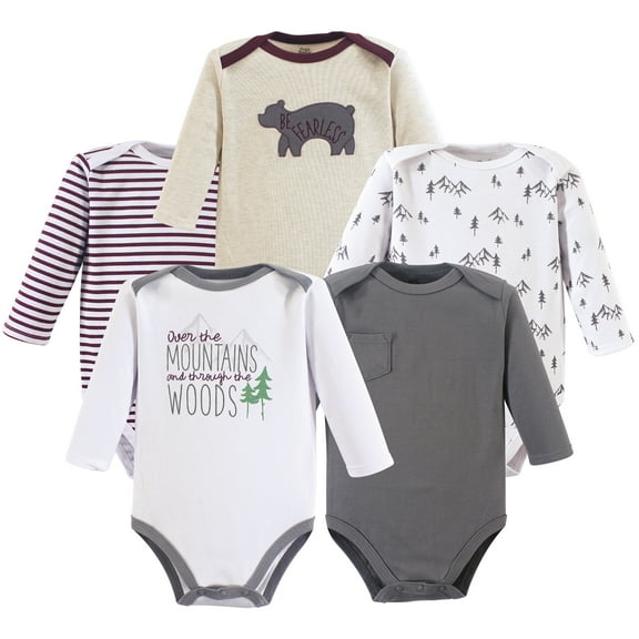 Luvable Friends Yoga Sprout Long-Sleeve Bodysuits 5pk, Woodland Peaks, 0-3M