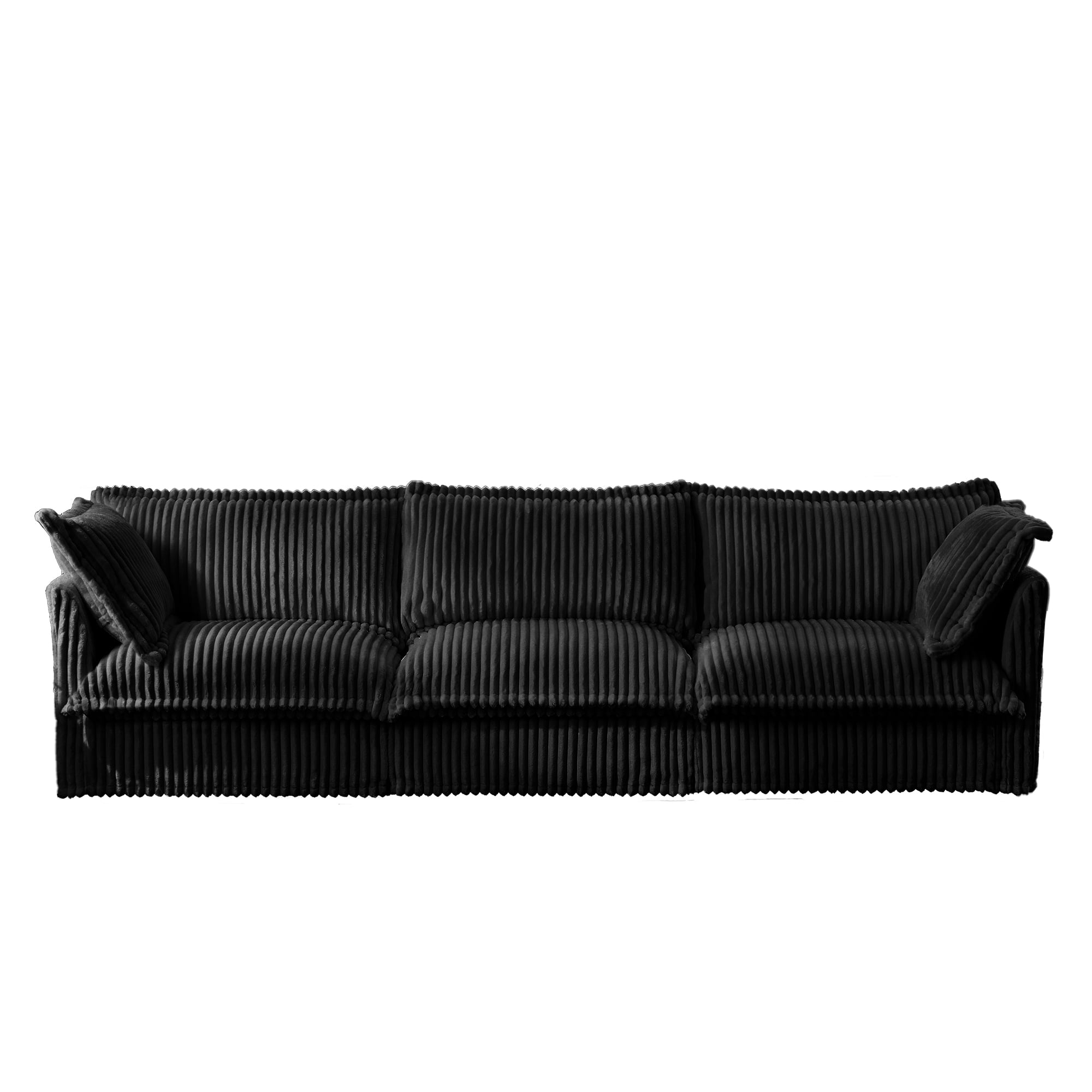 Gewnee Modern Deep Seat 3 Seater Sofa Couch,Black Corduroy Fabric Soft Multiple Big Pillows, Comfy Couch for Living Room, Apartment,