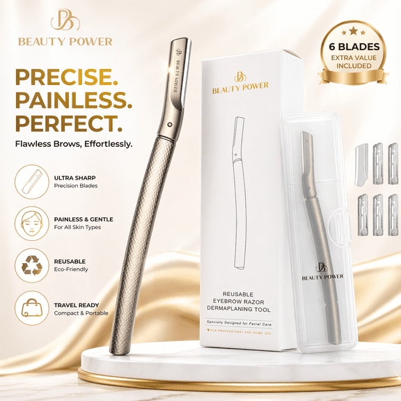 Beauty Power Eyebrow Razor with 6 Blades & Travel Case – Face Razors for Women & Men, Eyebrow Trimmer Shaper with Precision Cover, Facial Shaver & Dermaplaning Tool for Smooth Skin - Gift Idea