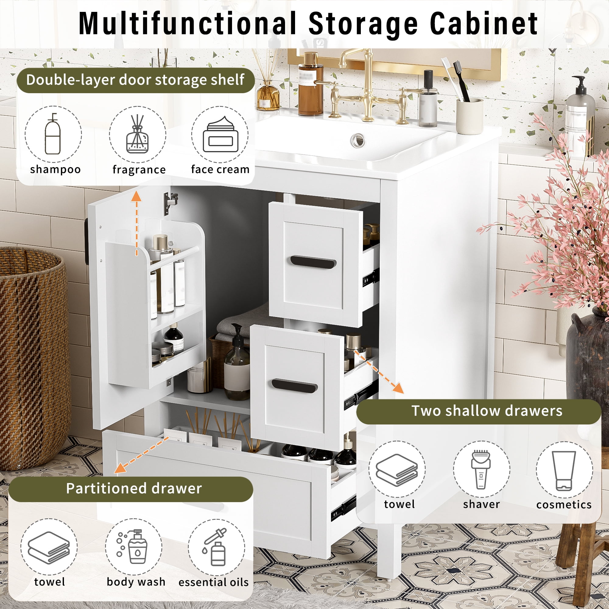 Euroco Modern 24-inch Bathroom Vanity with Ceramic Sink, Soft-Close Door, Double-Layer Door Shelf, and 3 Drawers