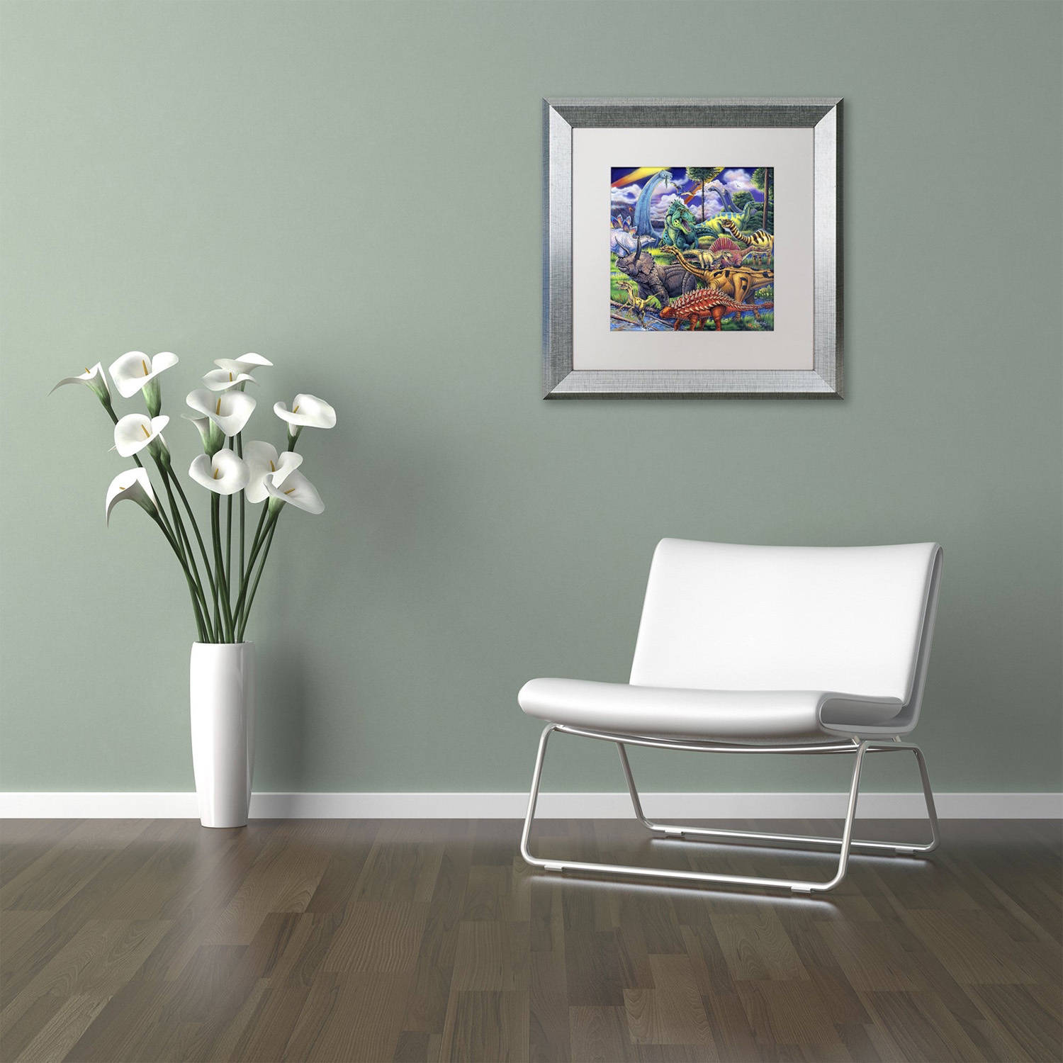 Trademark Fine Art 'Dinosaur Friends' Canvas Art by Jenny Newland, White Matte, Silver Frame