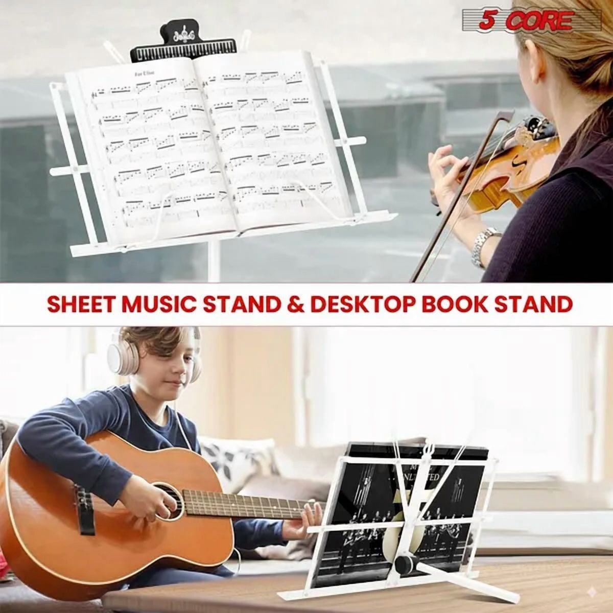 5 Core Music Stand Adjustable Desktop Book Stands Portable Sheet Holder All Metal Foldable Bookstand - MUS FLD WH