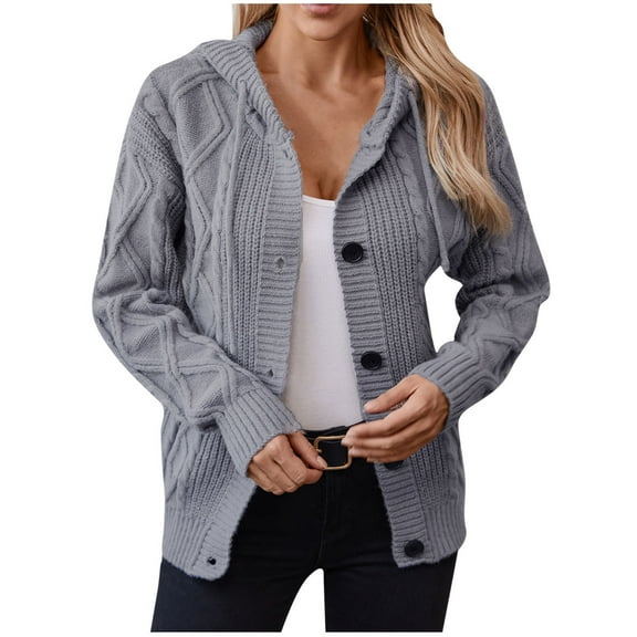 HTNBO Women's Cable Knit Sweater Open Front Cardigan Fall Long Sleeve Button Down Loose Chunky Outerwear with Hooded
