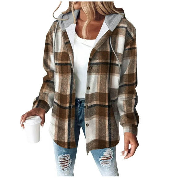 Fmbrln Womens Plaid Hooded Jackets Button Down Long Sleeve Fleece Checkered Coat Fall Winter Fashion Thickened Warm Outwear