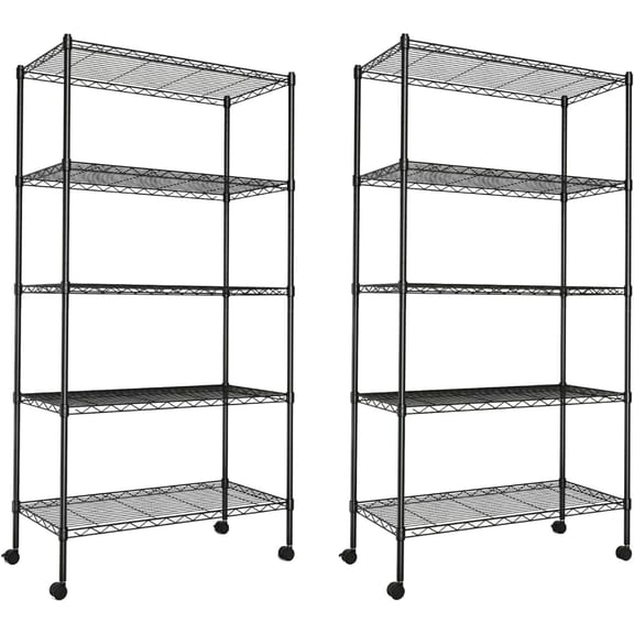 QUIOCOZY Heavy Duty Metal Storage Shelving Unit, 5 Tier Adjustable Wire Rack with Wheels, 1250 Lbs Loading Capacity, 30"x14"x63", Black, 2 Pack