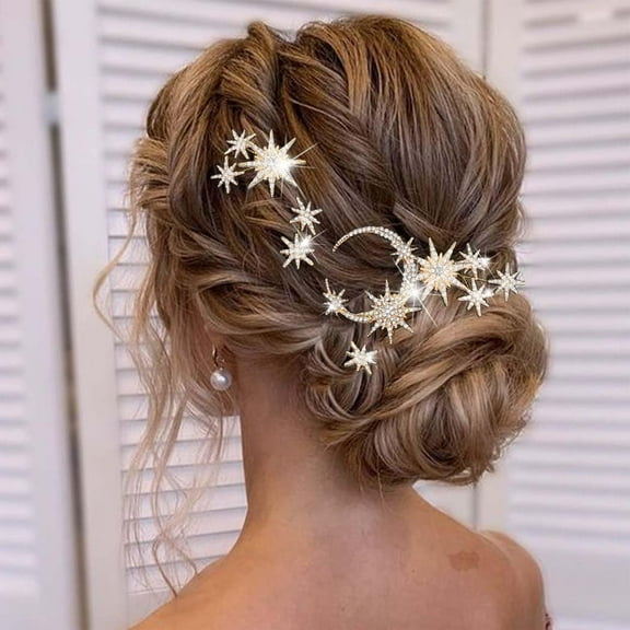 Star Moon Bride Wedding Hair Pins Crystal Bridal Hair Pieces Rhinestone Goddess Hair Accessories for Women and Girls (Pack of 5) (Gold)