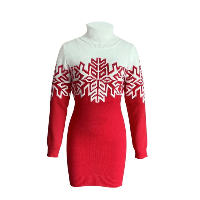 Kmbangi Chandails de Noël Assortis pour la Famille Imprimé Flocon de Neige Couleur Contrastée Col Roulé Manches Longues Pulls Tricotés