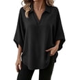 thumbnail image 2 of ClodeEU Women's Collar V Neck Batwing 3/4 Dolman Sleeve Blouse,Solid Curved Hem Casual Loose Shirt Top Black,Women's Plus L, 2 of 9